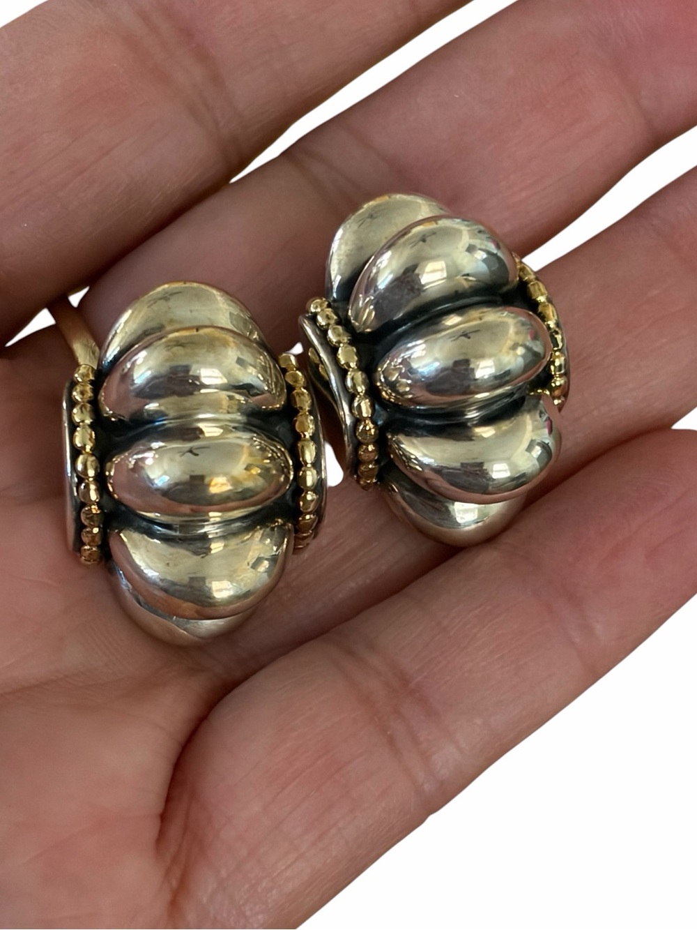 LAGOS Caviar Large 18K Yellow Gold & 925 Silver Omega Post Earrings 23.6 grams